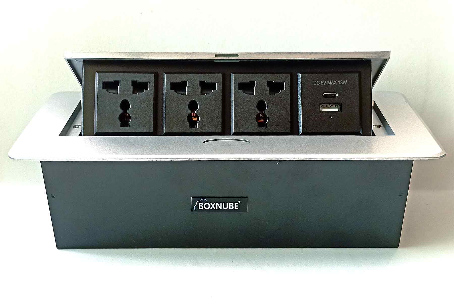 BOXNUBE Hydraulic Pop UP Box Cable Cubby Extension Board with 3 x Universal Power Sockets & 1 x USB Type C & 1 x USB A Ports BOXNUBE Hydraulic Pop UP Box Cable Cubby Extension Board with 3 x Universal Power Sockets & 1 x USB Type C & 1 x USB A Ports